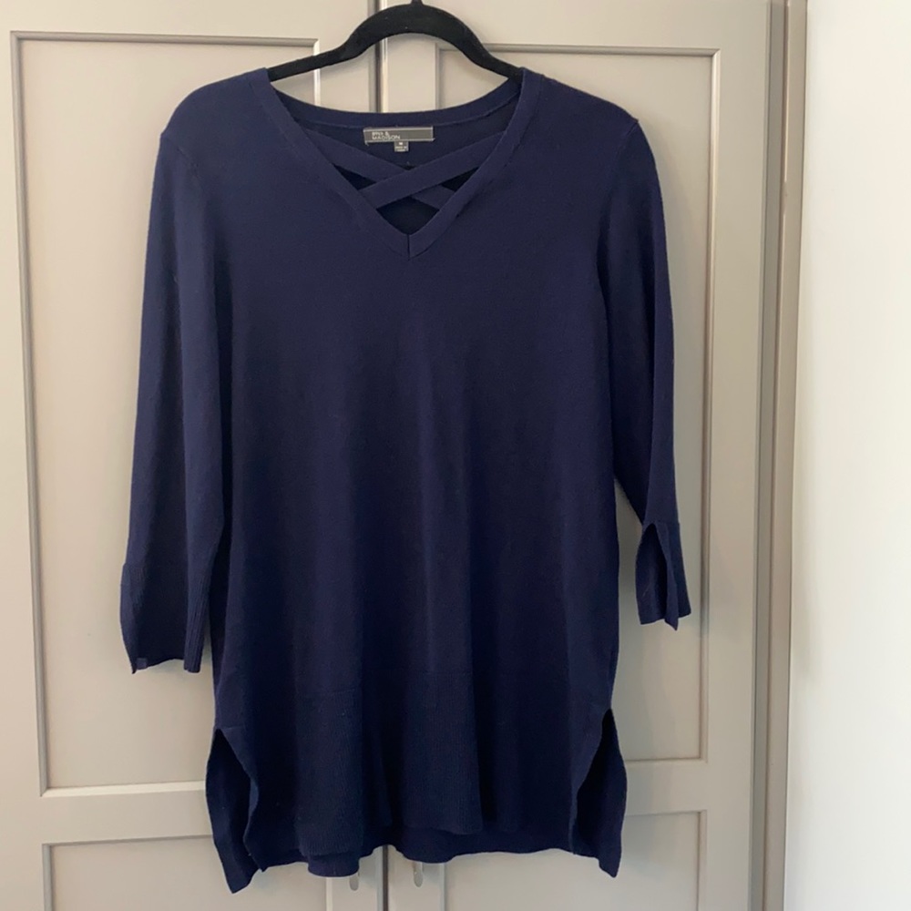 Navy blue tunic sweater with criss cross top